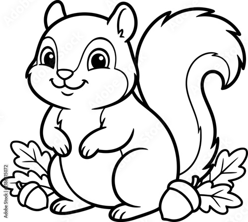 Cute baby squirrel coloring page with acorns and oak leaves for kids vector