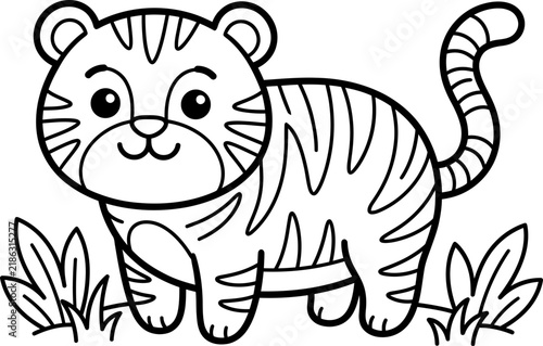 Black and white outline wild jungle tiger character for children coloring book worksheet