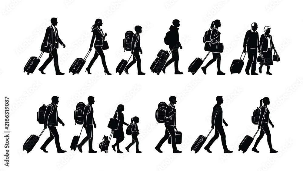 Obraz premium Black silhouette vector illustration of travelers walking with luggage, suitcases, and backpacks on white background