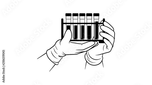 Hands holding test tubes in a rack black and white line art