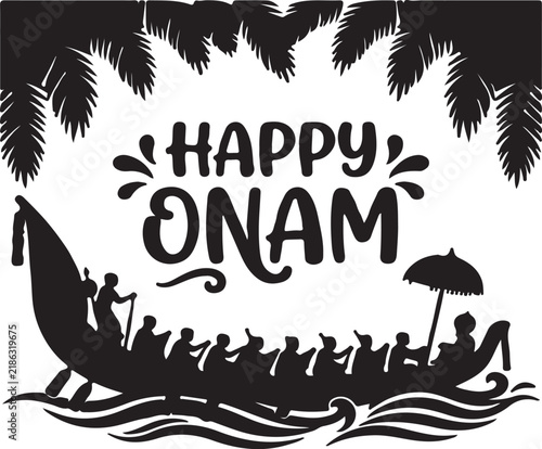 Happy onam festival greeting card design featuring a traditional snake boat race illustration in black and white