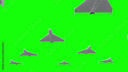 3d rendered animation of flying military drones on green screen