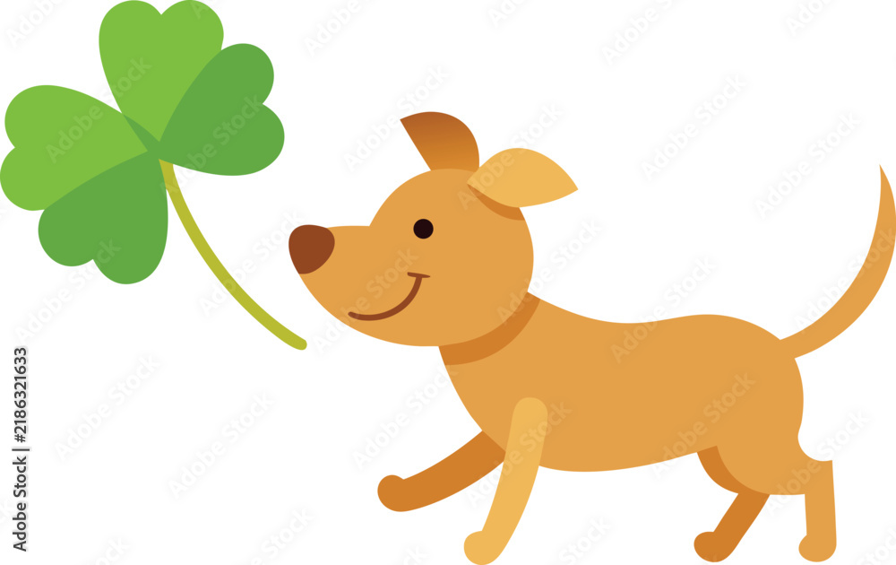 Obraz premium Cute brown dog walking and playing with a green clover leaf Vector