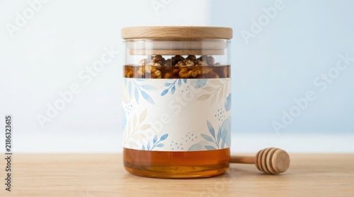 Glass jar with honey and nuts and a wooden dipper on a wooden table surface