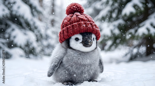 Cute Baby Penguin in a Red Knitted Hat in the Snow