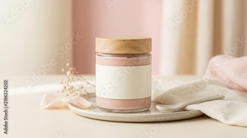 Glass jar with wooden lid and blank label on a ceramic plate with soft light