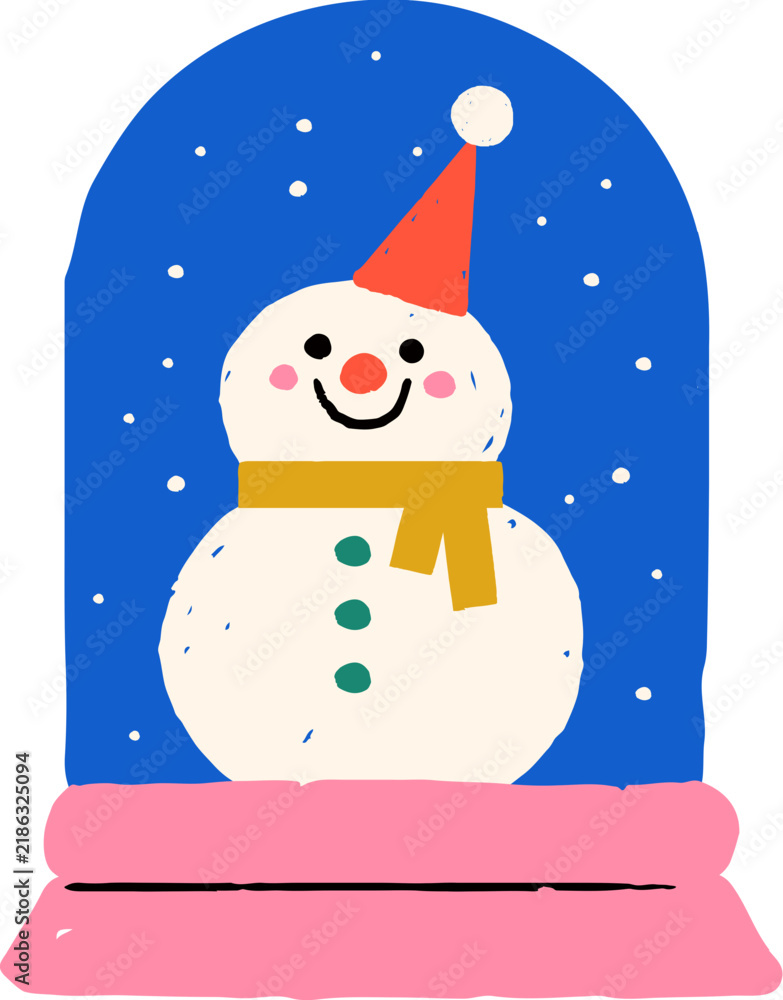 Obraz premium Christmas snow globe with cute snowman in naive folk style. Childish hand drawn Christmas elements series