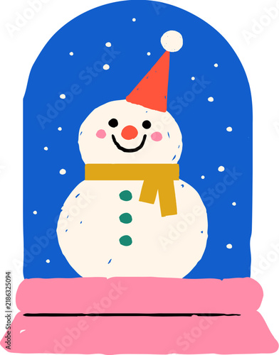 Christmas snow globe with cute snowman in naive folk style. Childish hand drawn Christmas elements series