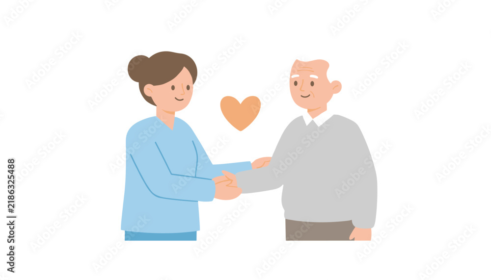 Fototapeta premium Heartwarming scene of a young female nurse in blue scrubs shaking hands and caring for an elderly man with a heart symbol above them.