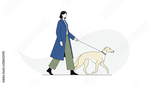 Elegant woman in a long blue coat walking her tall greyhound dog on a leash outdoors depicted in a clean minimalist illustration style.