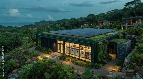 Modern eco-friendly warehouse with solar panels in a lush landscape