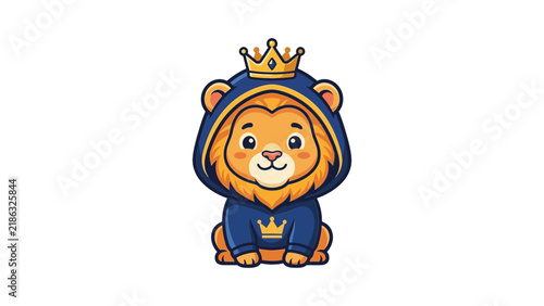 Regal lion cub in blue crown hoodie sitting.