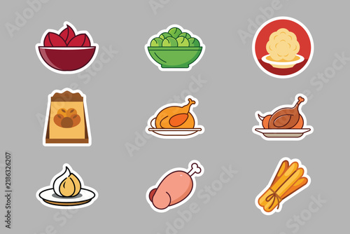 Rustic thanksgiving dinner sticker pack with roasted turkey vegetable bowls and bread for banquet.