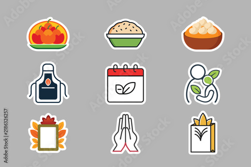 Thanksgiving event sticker icons featuring apron calendar and prayer hands for gratitude ceremony.