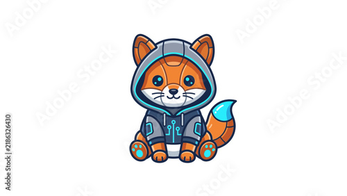 Robotic fox in blue hoodie with orange accents.