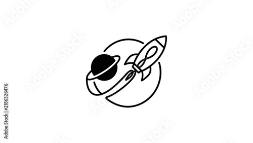 Rocket orbiting planet and moon inside a circle line art design.