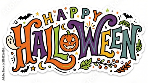 Colorful happy halloween text design with a spooky pumpkin jack o lantern and cute bats for festive holiday greeting