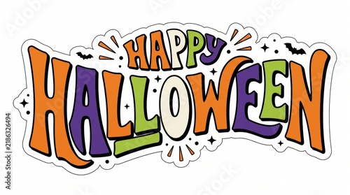 Happy halloween colorful text design with bats and stars for festive holiday greeting cards and party decorations