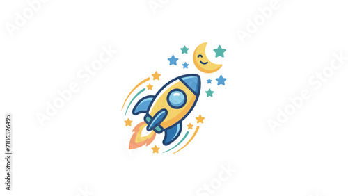 Rocket ship launching into starry night sky.