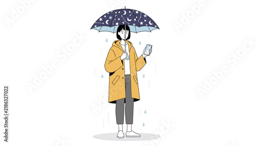 Stylish young woman wearing a yellow raincoat and holding a starry umbrella while checking her smartphone during a rainy day.