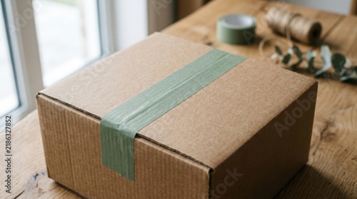 Cardboard shipping box sealed with green tape on a rustic wooden table