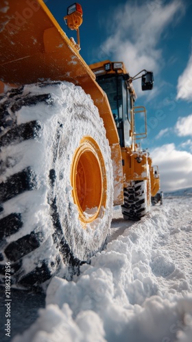 Close-up view of snow removal equipment clearing snow in a winter setting