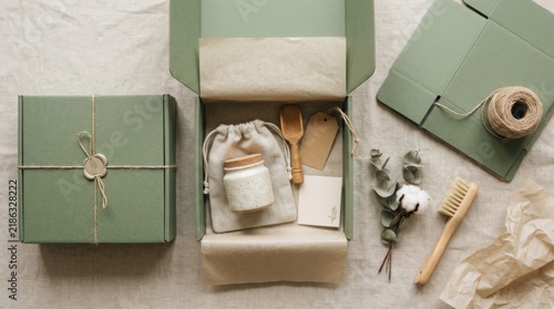 Unboxing of a green gift box with products and accessories in a flat lay setting