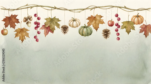 A beautiful watercolor illustration of hanging autumn leaves and pumpkins creating a festive border for your thanksgiving holiday season design