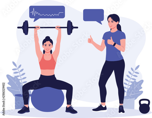 Woman lifting barbell on fitness ball with personal trainer giving positive encouragement during workout session
