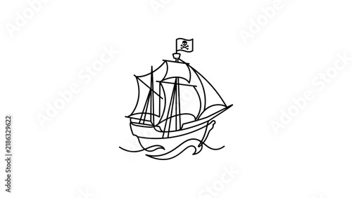 Sailing pirate ship line art.