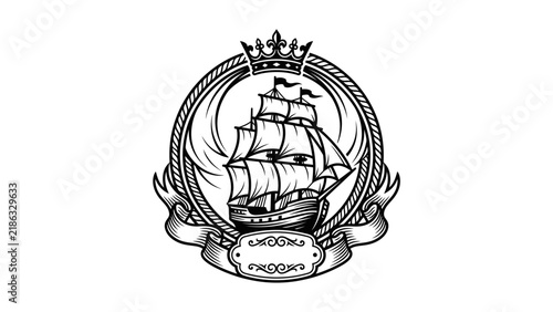 Sailing ship emblem engraving with crown and decorative scrolls.
