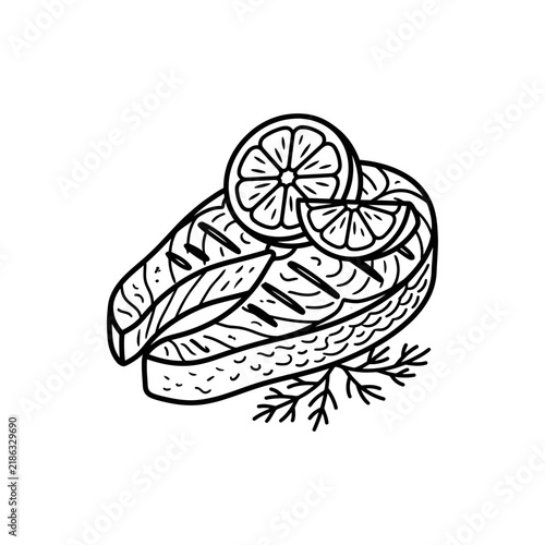 Salmon fillet line art drawing with lemon slices.