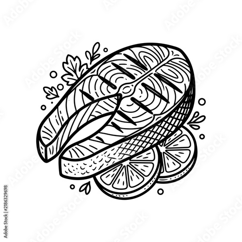 Salmon steak line art illustration with lemon and garnish.