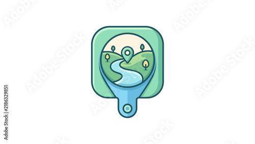 Scenic GPS map pin with rolling hills.
