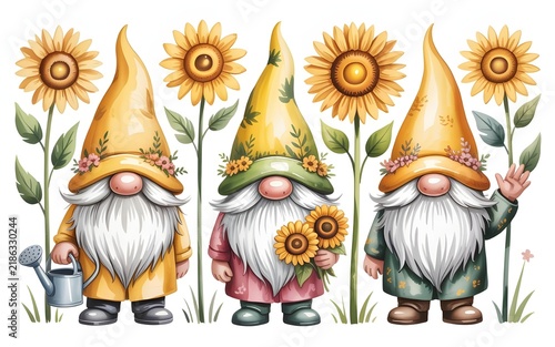 Three cute garden gnomes with sunflowers, wearing yellow and green hats and outfits, one holding a watering can, one holding flowers, and one waving, isolated on white background