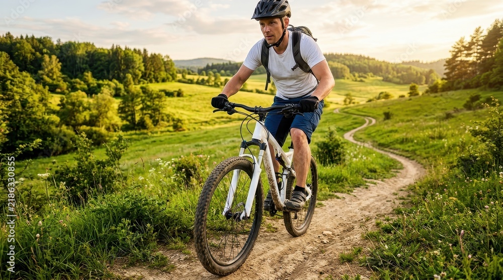 Fototapeta premium Active Man Riding Mountain Bike on a Scenic Dirt Trail Through Green Hills at Sunset - Outdoor Adventure and Fitness