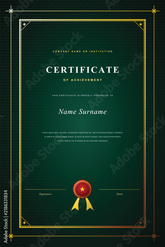 Elegant Achievement Certificate Template with Ornate Golden Border and Dark Green Background