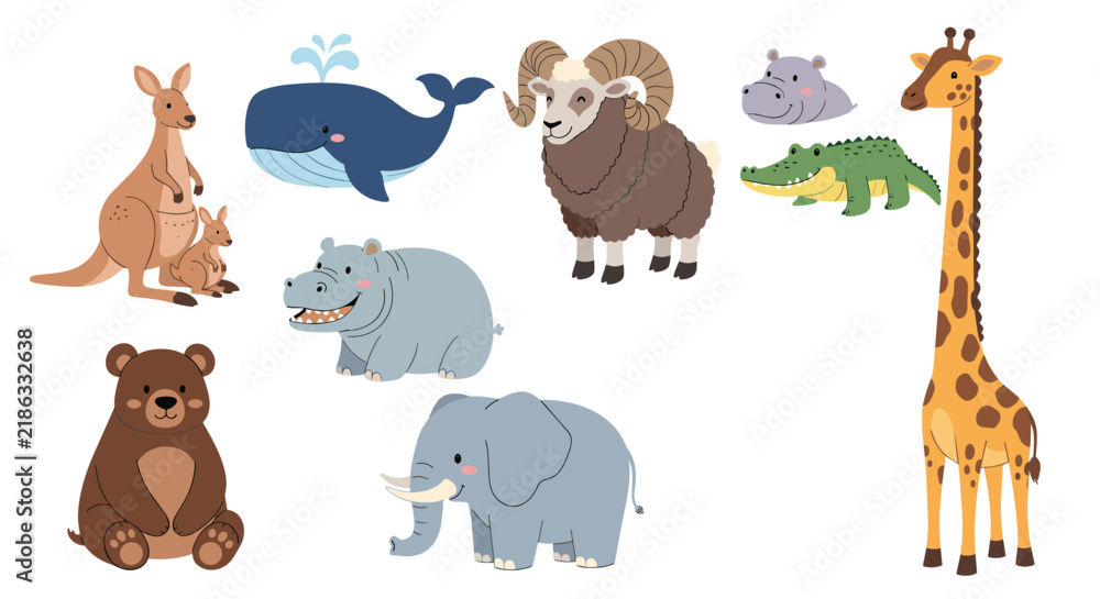 Obraz premium Group of cartoon zoo animals including a giraffe, elephant, bear, whale, hippo, and crocodile on a white background.