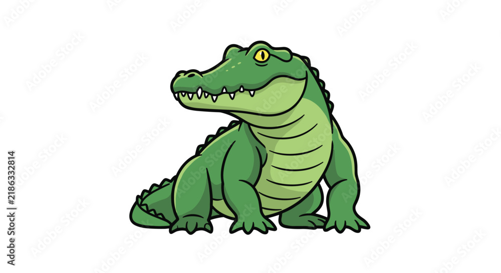 Obraz premium Friendly green cartoon crocodile stands and looks back on a clean white background in vector format.