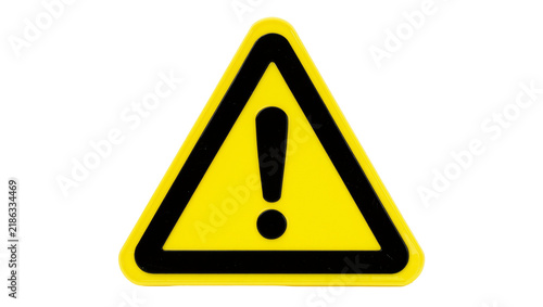 Foto Yellow triangular warning sign with black border and exclamation mark, isolated