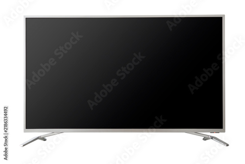 Modern smart TV with blank black screen isolated on white.