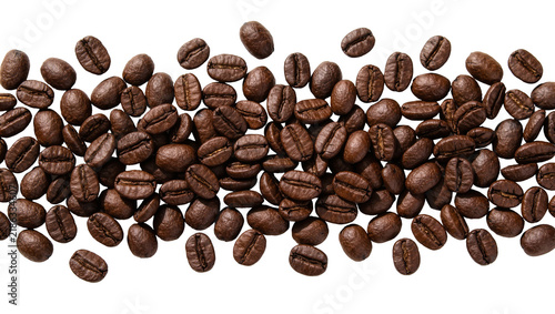 Dark roasted coffee beans scattered in a horizontal line, isolated on transparent background
