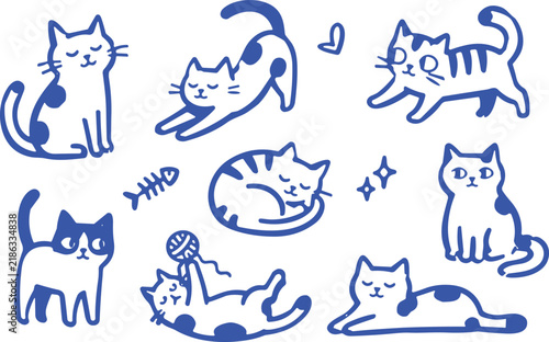 Hand-drawn blue cat illustrations, set of 8 cute feline doodles. Minimalist cat vector icons for stationery and stickers.