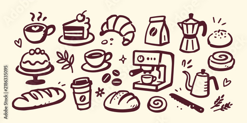 Hand-drawn coffee shop doodles, vintage bakery icons set. Brown cafe illustrations with espresso machine, croissants, and cakes for menu design.