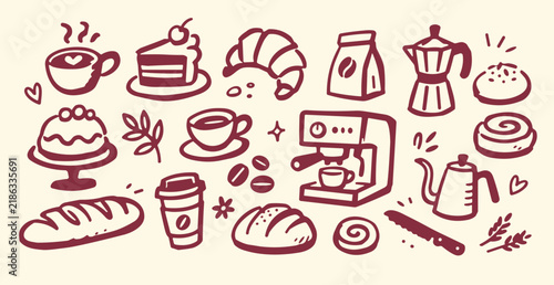 Foto Hand-drawn coffee and bakery doodles, vintage cafe icons set, rustic breakfast i