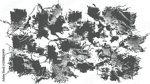 Monochrome Distressed Fabric Patchwork Vector Texture with Frayed Edges and Torn Rags. Flat vector illustration EPS 10.