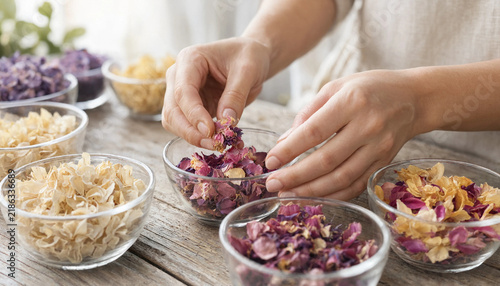 Woman hands preparing dried flower petals in glass containers for potpourri crafting with rose petals dried flowers glass bowls organic flowers floral material crafting supplies