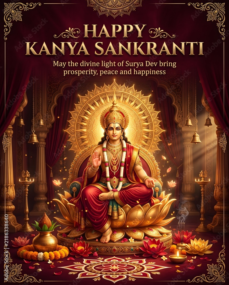 Fototapeta premium Happy kanya sankranti greeting card with lord surya dev on lotus throne