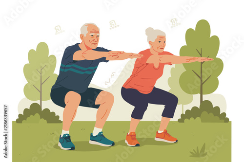 Elderly couple exercising by performing squats together in a park setting