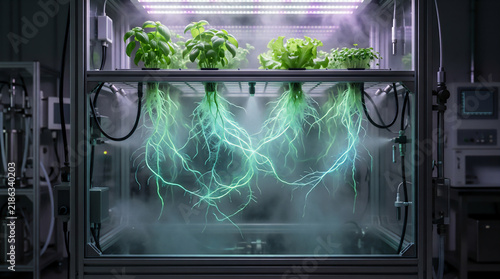 Hydroponic and Aeroponic Plant Roots Growing in High Tech Laboratory